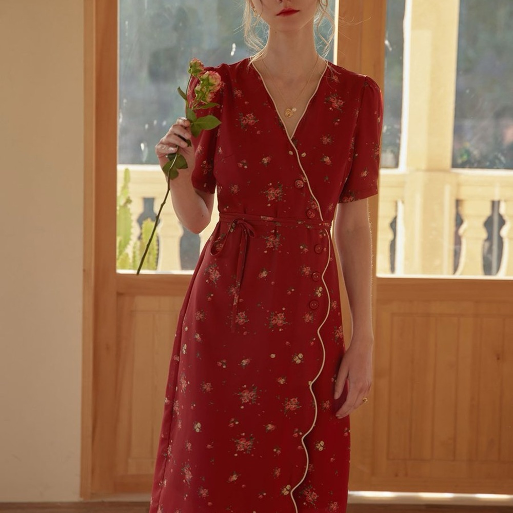 Simple Retro Elegant Red Floral Wrap Dress